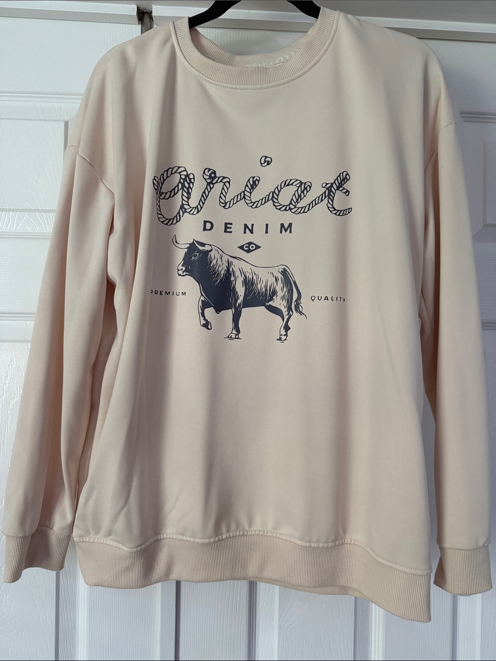 Denim&Co Cream Pullover Sweatshirt with Navy Bull Graphic